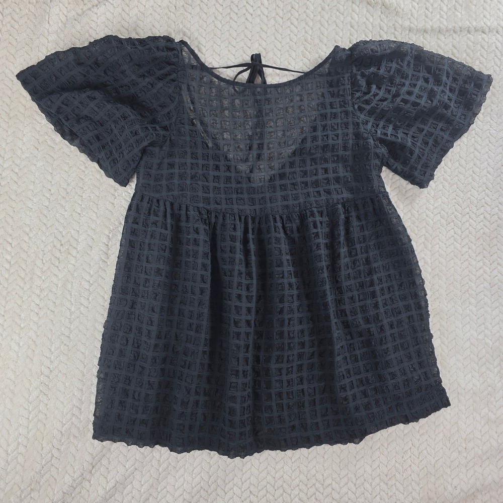 Urban Outfitters Womens Medium Black Babydoll Top Sheer Open‎ Tie Back Flutter